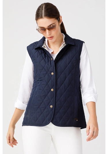 Desen Kolsuz Kapitone Yelek - Minimalist Oversize Günlük Lacivert