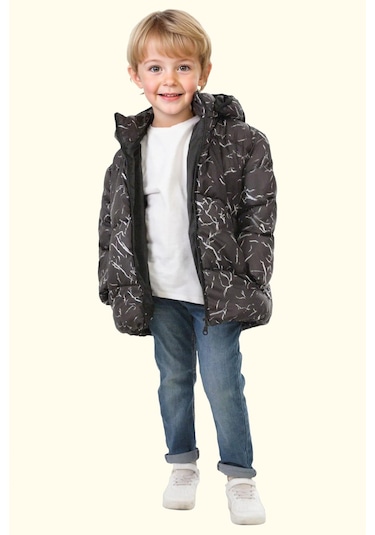 Erkek Çocuk Çıkabilir Kapüşonlu Su Ve Rüzgar Geçirmez Kışlık Şişme Mont & Kaban & Parka Siyah