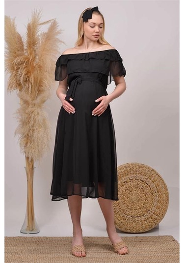 Kadın Kuşaklı Şifon Hamile Elbisesi Dphml8060 Siyah
