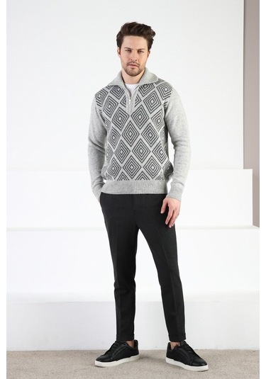 Ferraro A.Gri Kare Desenli Dik Yaka %100 Kuzu Yünü Erkek Kazak Açık Gri (536161019) Açık Gri