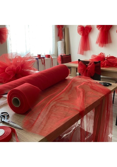 Kırmızı Süsleme Tülü Bohça Tülü Gelin Damat Düğün Kapı Valiz Süsleme Hediye Süsleme 500x150 Cm Tüm Yaşlar