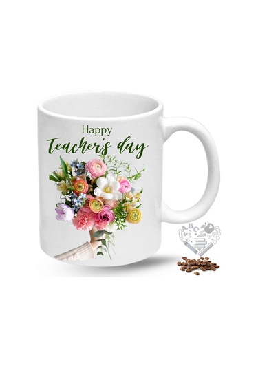 Öğretmenler Günü Hediyesi Gül Buketi Baskılı Porselen Kupa Bardak Beyaz