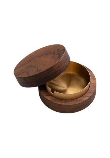 Ulzyvf Yaratıcı Tablası Sigara Rüzgar Paslanmaz Ofis Masaüstü Küllük Kül Kapaklı Ev Dekorasyon Ceviz Ahşap Altın Renk