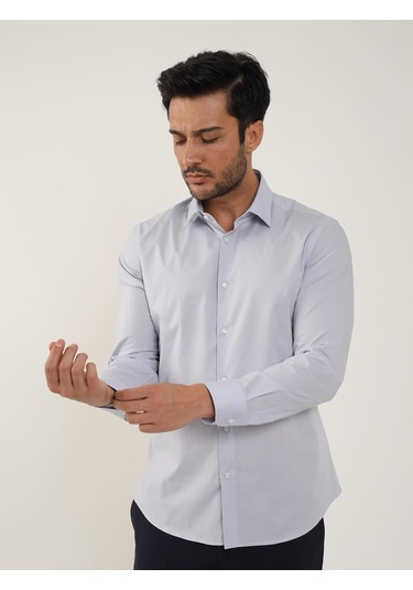 Açık Gri Erkek Slim Fit Düz Klasik Yaka Uzun Kol Gömlek - 88364 Açık Gri