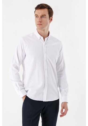 Morven Erkek Beyaz Trend Jakar Desen Düğmeli Yaka Slim Fit Gömlek 24mc004005600 Beyaz Beyaz