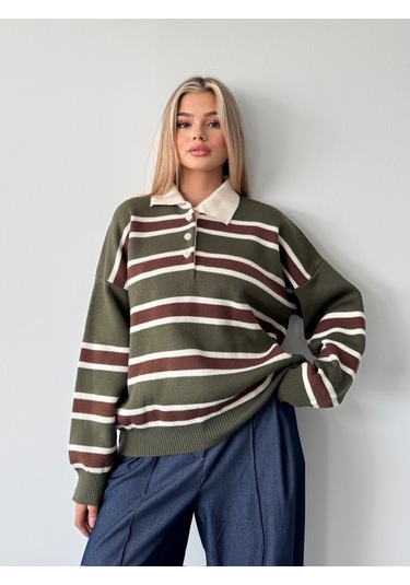 Kadın Polo Yaka Çizgili Triko Kazak Haki