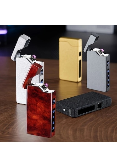 Techbloom Golden Frosted Rüzgar Geçirmez Çift Ark Çakmak Usb C Şarjlı Çakmak Maça Ası Tasarımı Kamp Hediye Altın