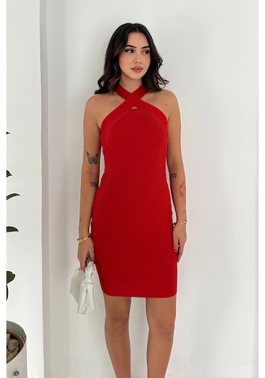 Asprin Fashion Çapraz Yaka Triko Elbise Kırmızı Kırmızı