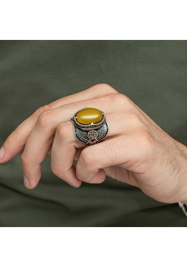 Sarı Akik Taşlı Süleyman Mührü 925 Gümüş Erkek Yüzük Beyaz