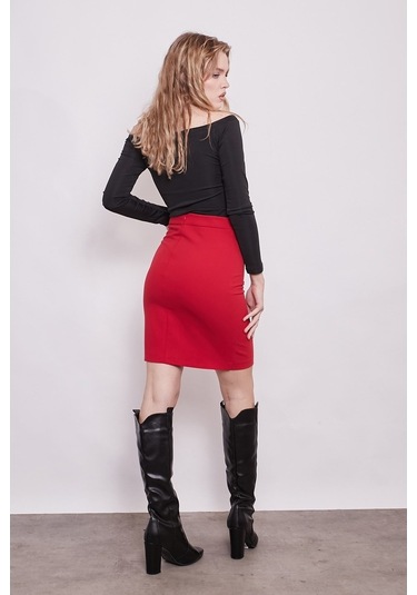 Yüksek Bel Diz Üstü Kumaş Kalem Etek-Kırmızı