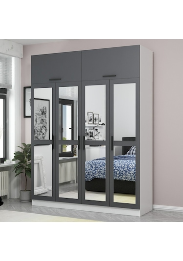 Minar Kale 4 Kapaklı 4 Aynalı 2 Ç Dolap Ve Yüklük Beyaz Antrasit 255cm