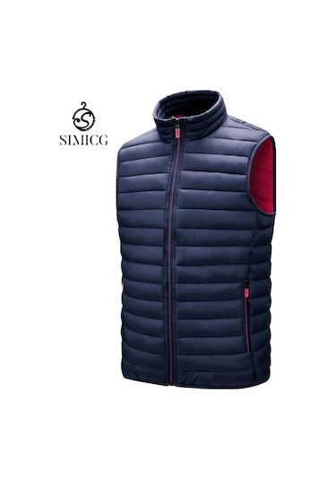 Erkek Sonbahar/kış Günlük Yelek Büyük Beden Dik Yaka Kolsuz Pamuklu Yelek Mavi