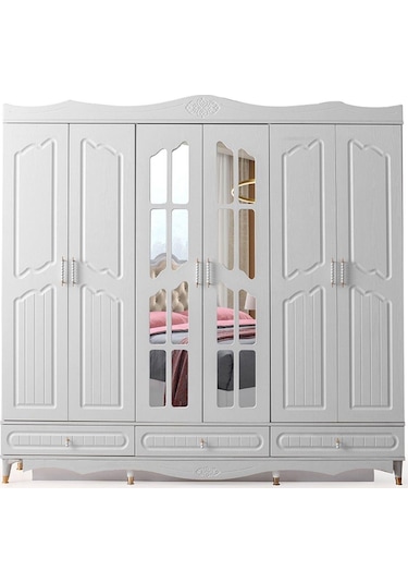 Riga Gardırop-mdf-beyaz-240x60x220cm-6 Kapak-aynalı Kapak