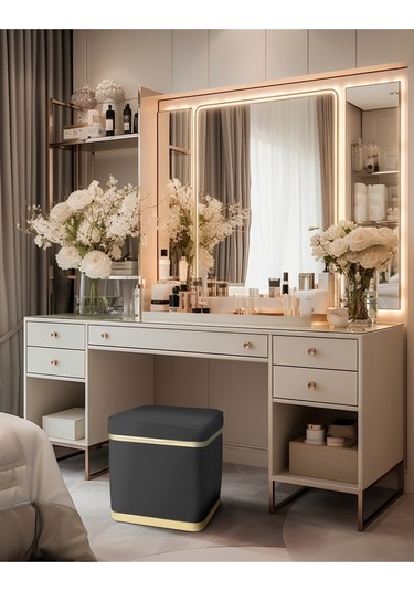 Zengo Gold Twin Line Kare Puf -antrasit Kumaş, Dekoratif Makyaj Masası Pufu-modern Style