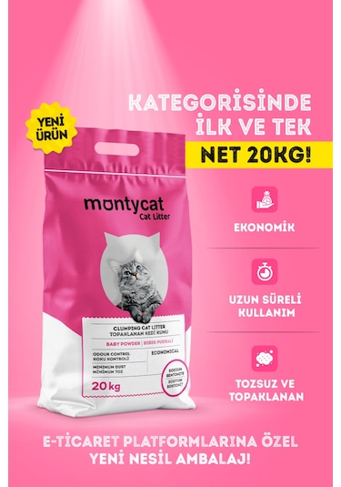 Montycat Yeni Nesil Ekonomik Bebek Pudralı Topaklaşan Bentonit Kedi Kumu 20 L