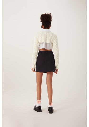 Quhox Kadın Triko Crop Sweatshirt Krem