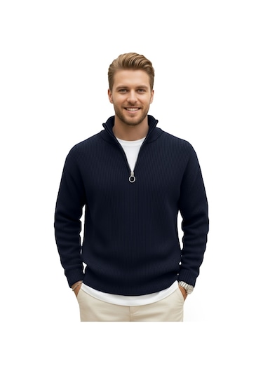 Deepsea Erkek Lacivert Yarım Fermuarlı Oversize Kesim Triko Kazak %100 Pamuk, Yumuşak Dokulu Örgü Kazak 2608511 Lacivert