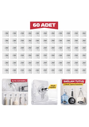 60 Adet Şeffaf Güçlü Yapışkanlı Duvar Askısı - Askı Seti