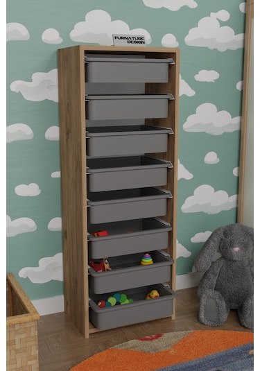 8 Sepetli Çok Amaçlı Dolap Oyuncak Dolabı - Atlantik Çam - Gri