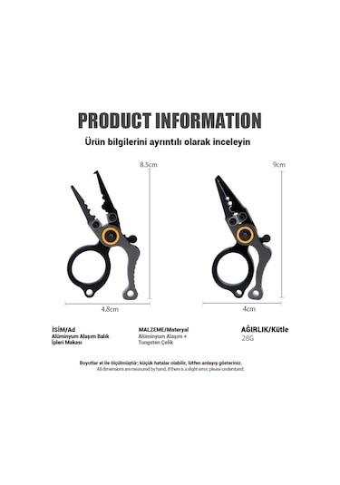 Kilitli Alüminyum Mini Olta Pensi - Halka Açıcı, Misina Makası, Çok Amaçlı Balıkçılık Aleti Siyah-gris