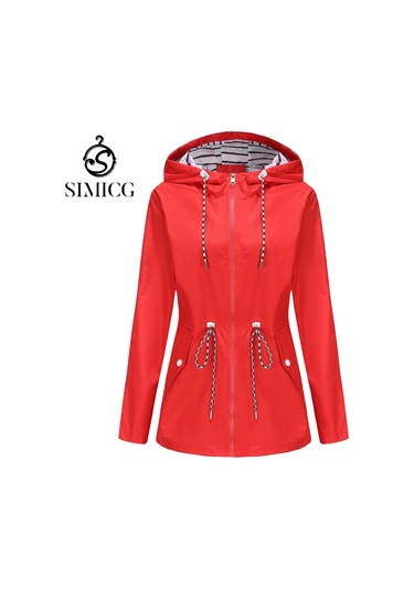 Kadınlar İçin Orta Boy Kapüşonlu Yağmurluk Büyük Beden Trençkot Kırmızı