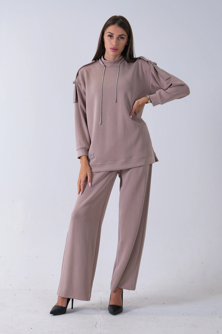 Feminist Vizon Omuz Apolet Detaylı Yakası İpli Tunik Pantolonlu Takım 4577281.34 Vizon