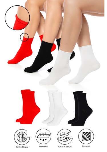 Bambu Kadın Lastiksiz Kırmızı-beyaz-siyah Dikişsiz Çorap 3'lü Pkt Çok Renkli