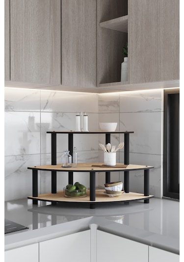 Dekoratif Oval Köşe 3 Katlı Tezgah Üstü Raf 50 Cm X 50 Cm Safir Meşe Meşe