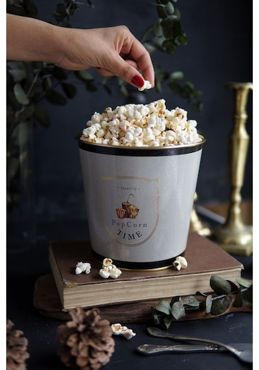 Metal Popcorn Kutusu - Patlamış Mısır Kovası 13.5 Cm, Azura Er149-3o Desenli