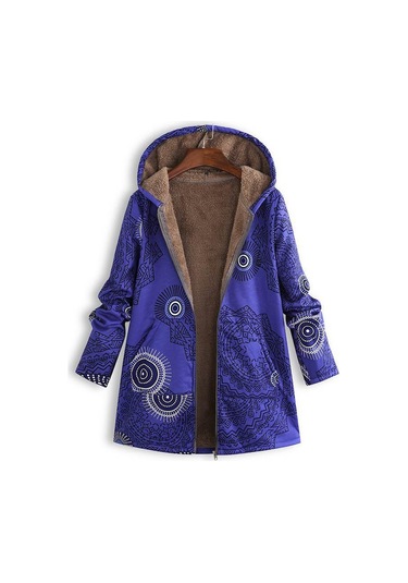 Yeni Kadın Yaprak Baskılı Kapşonlu Uzun Kollu Retro Ceket Sıcak Mavi