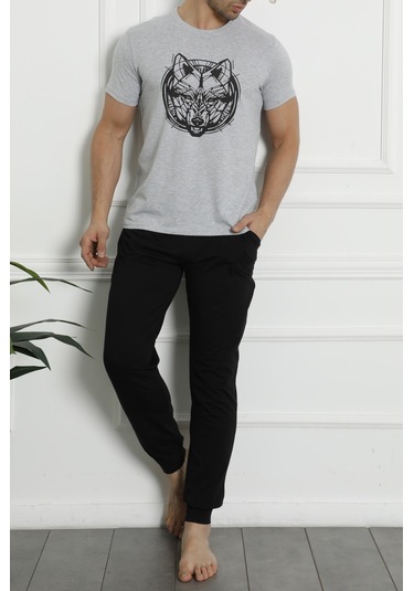 Erkek Pijama Takımı Kısa Kollu Cepli Pamuk 3 Lu Set Bermuda Şort Kurt Baskılı Gri Nıc1059 R09 Gri