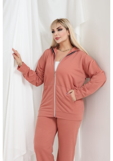 Kadın Büyük Beden Fermuarlı Uzun Kollu Rahat Günlük Eşofman Takım Somon