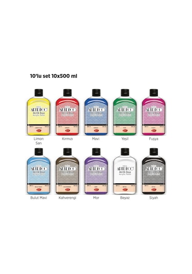 Akrilik Boya 500 Ml. 10 Renk Set Karışık Çok Renkli