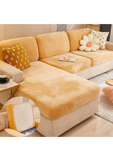 Bej Kadife Kanepe Minder Örtüsü Oturma Odası Köşe Kesit Kanepe Koltuk Örtüsü 200gsm Kalınlaşmak Elastik Mobilya Yastık Koruyucu Normal Size L-s