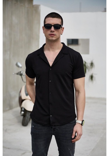 Siyah Renk Dokulu Kısa Kol Erkek Gömlek-1582 Siyah