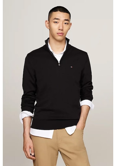 Erkek Çeyrek Fermuarlı Balıkçı Yaka Kazak - Siyah Black