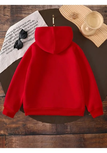 Kışlık Kapüşonlu Sweatshirt, Çocuk New York Manhattan Baskılı Kırmızı