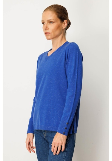 Desen Triko Kadın V Yaka Kolları Düğmeli Simli Bluz 23393 Saks Saks