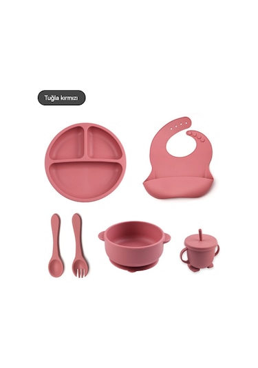 Jianfan Bebek Silikon Mama Takım 6 Parça Yardımcı Beslenme Çocuk Yemek Seti Tuğla Kırmızı Kırmızı