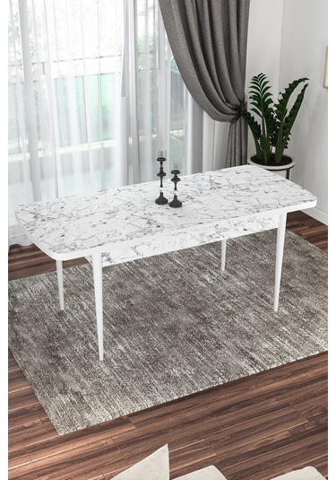 Lamina Beyaz Mermer Mdf 80x132 Ahşap Ayaklı Açılır Üstkalite Mutfak Masası,yemek Masası,salon Masası Beyaz Mermer Desen