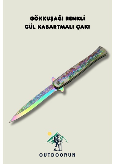 Gökkuşağı Renkli Gül Kabartmalı Kamp Çakı Gökkuşağı