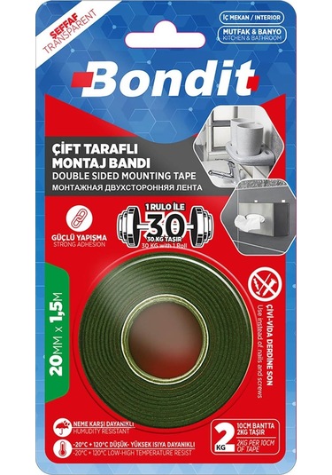 Bondit Extra Güçlü Çift Taraflı Montaj Bandı Şeffaf 20 mm x 1.5 m