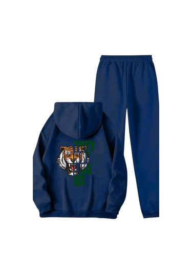 Unisex Lacivert Kaplan Baskılı Eşofman Kapüşon- Kışlık Şardonlu Kumaş Lacivert