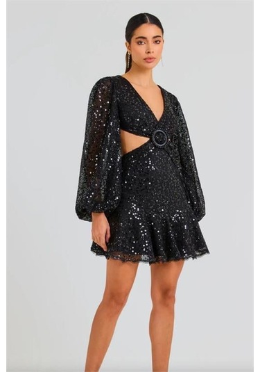 Kadın İthal Payet Kumaş Toka Detaylı Abiye Elbise Dpnbemp2584 Siyah