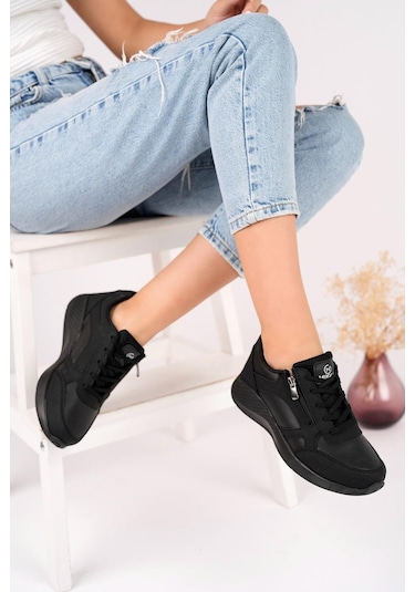 Muggo Asel Garantili Kadın Ortopedik Günlük Bağcıklı Yandan Fermuarlı Rahat Sneaker Spor Ayakkabı Siyah Muggo Asel Garantili Kadın Ortopedik Günlük Bağcıklı Yandan Fermuarlı Rahat Sneaker Spor Ayakkabı Siyah