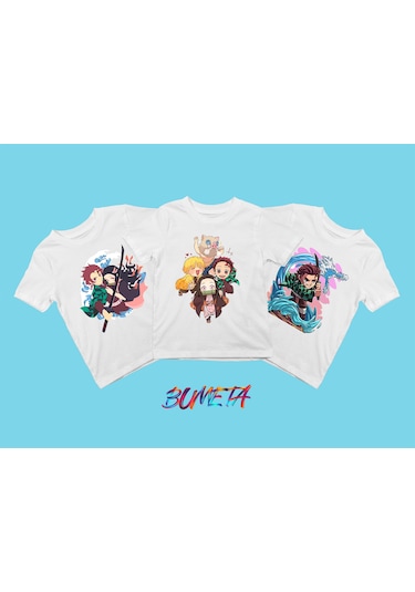 Bumeta Demon Slayer Karakter Baskılı Çocuk Tişört 3'lü Set Beyaz