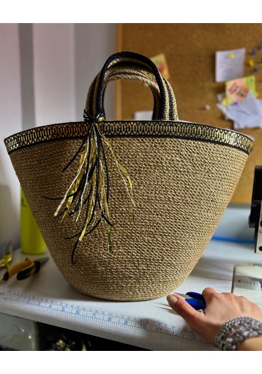 Hasır Çanta, Plaj Çantası, Tasarım Çanta, Siyah Gold Şeritli El Çantası Haki - Siyah