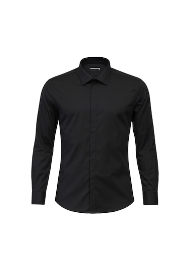 Plus Scorpion Erkek Pamuk Saten Gömlek Regular Fit, Klasik Yaka, Düz Model Siyah