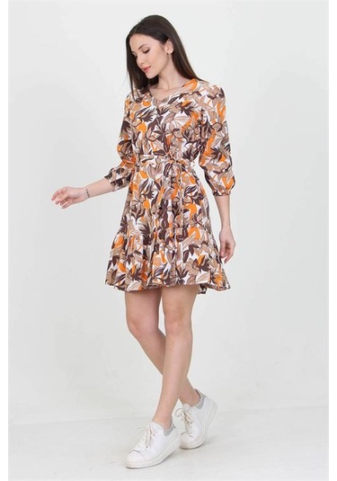 Neşeli Butik Kadın Camel V Yaka Bağlama Detaylı Çiçekli Mini Elbise Nb10029 Camel