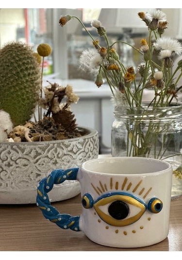 Burgu Kulp Gold Detay Göz 2 Noktalı Kalpli Mug Kupa Fincan